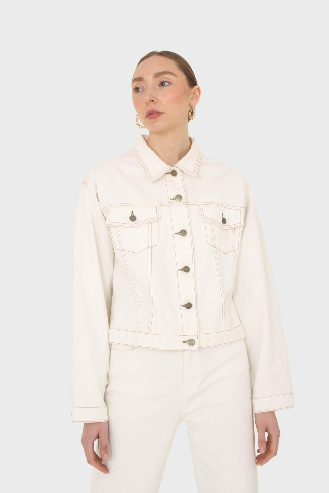 Ivory and yellow contrast stitch denim jacket - 701