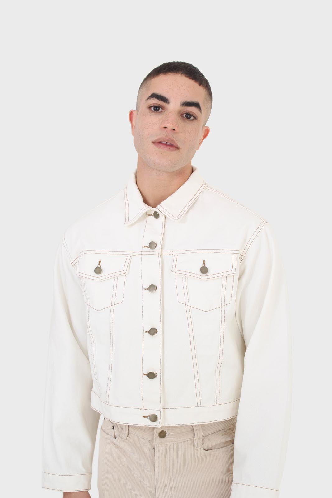 Ivory and yellow contrast stitch denim jacket - 701