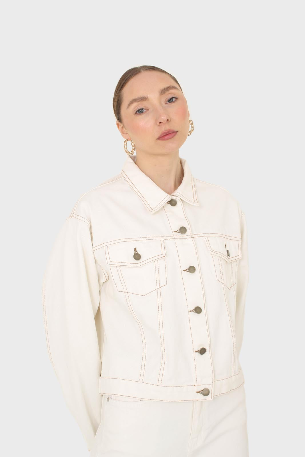 Ivory and yellow contrast stitch denim jacket - 701