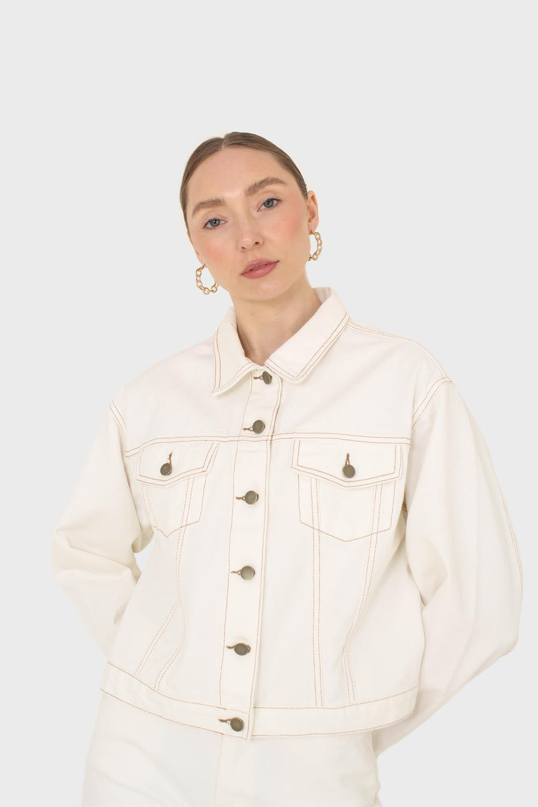 Ivory and yellow contrast stitch denim jacket - 701