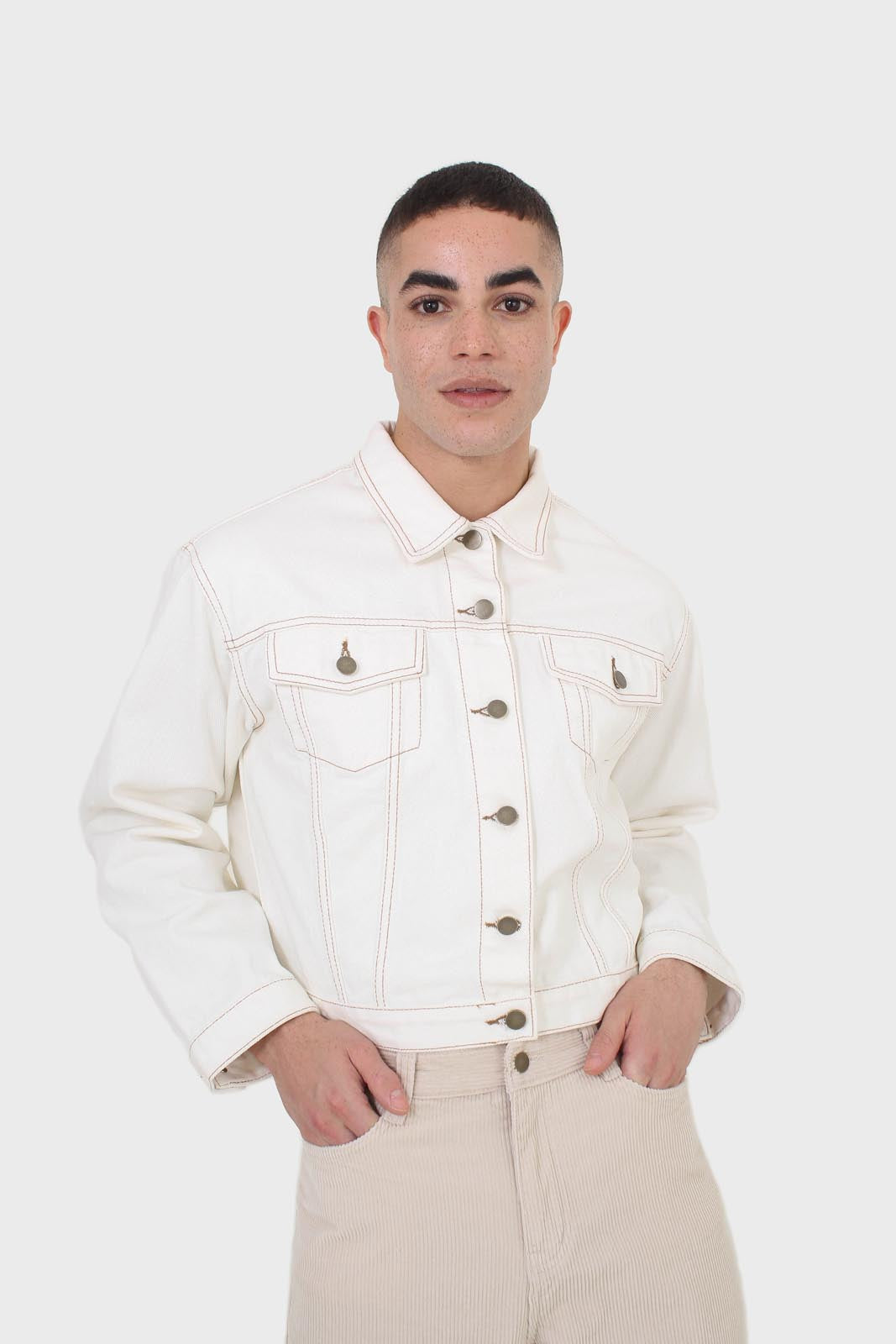 Ivory and yellow contrast stitch denim jacket - 701