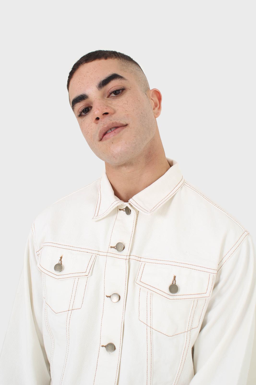 Ivory and yellow contrast stitch denim jacket - 701