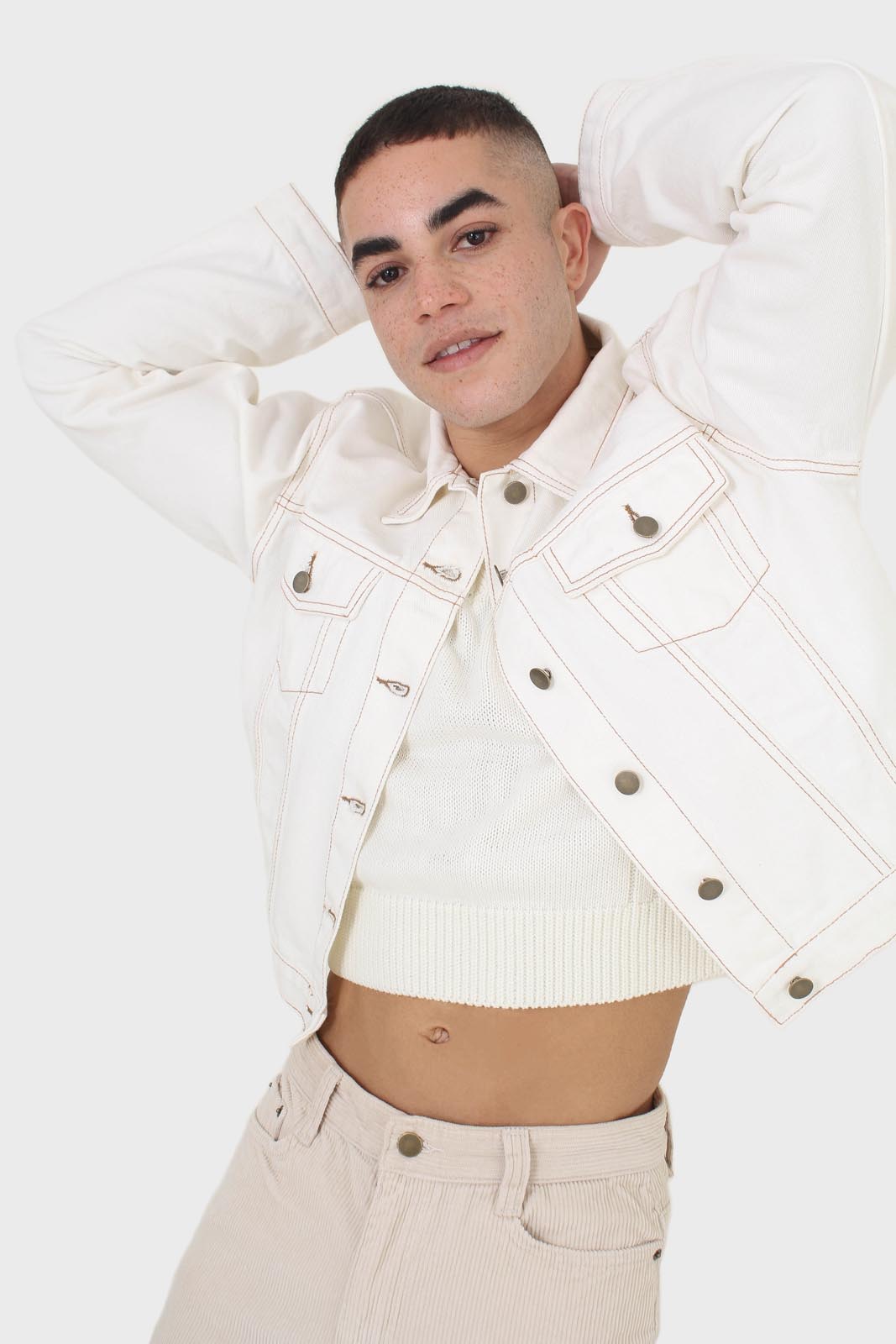 Ivory and yellow contrast stitch denim jacket - 701