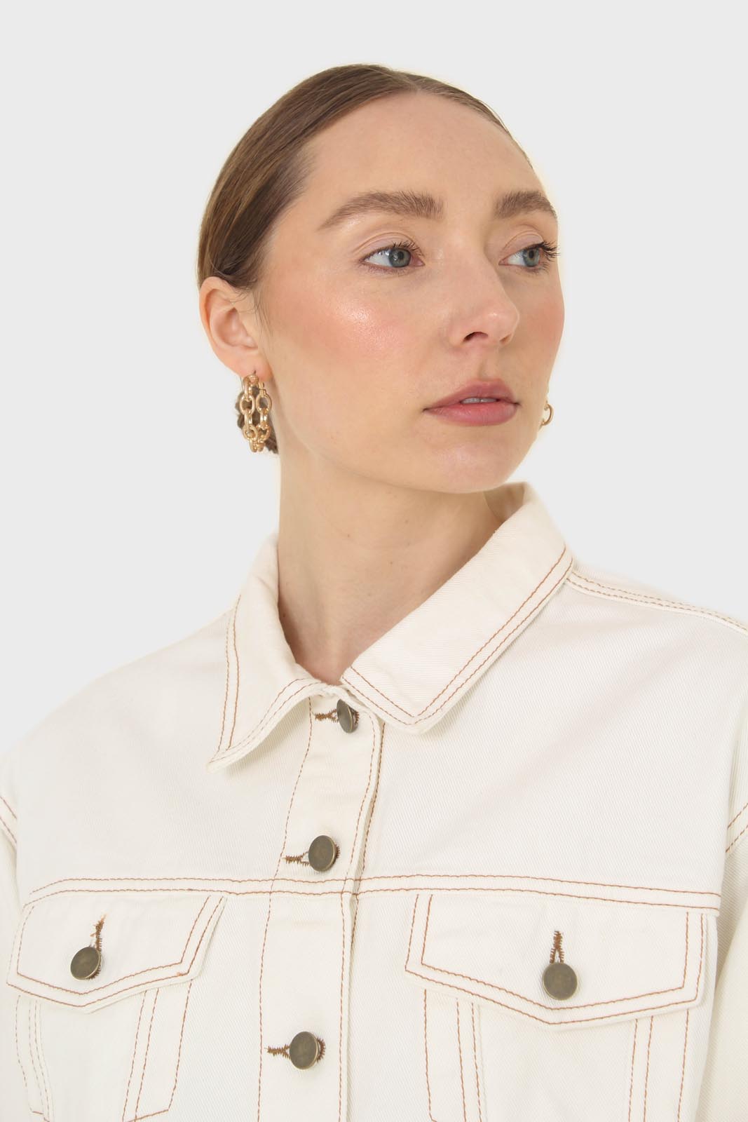 Ivory and yellow contrast stitch denim jacket - 701