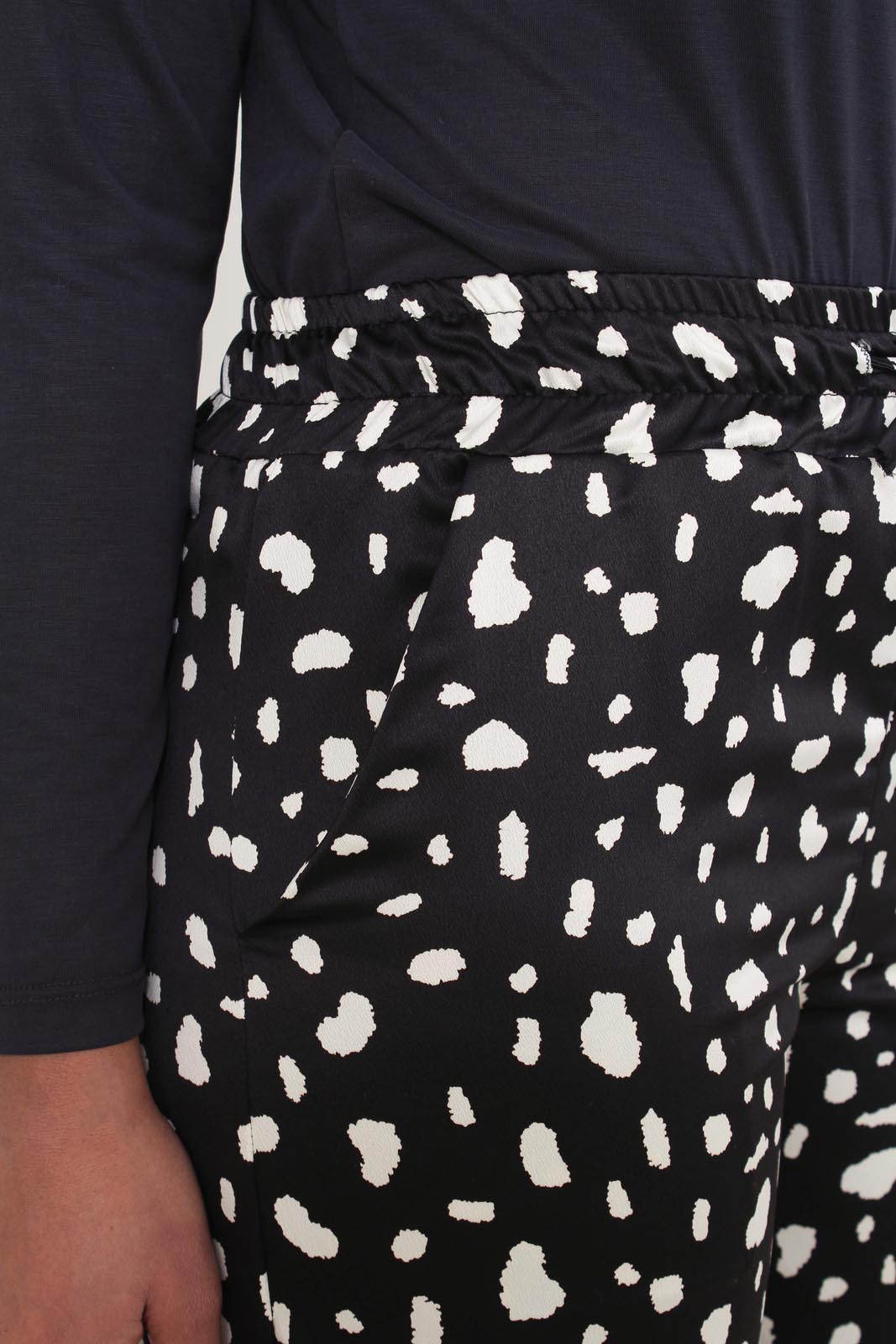 Black and white blotch print satin loose fit trousers