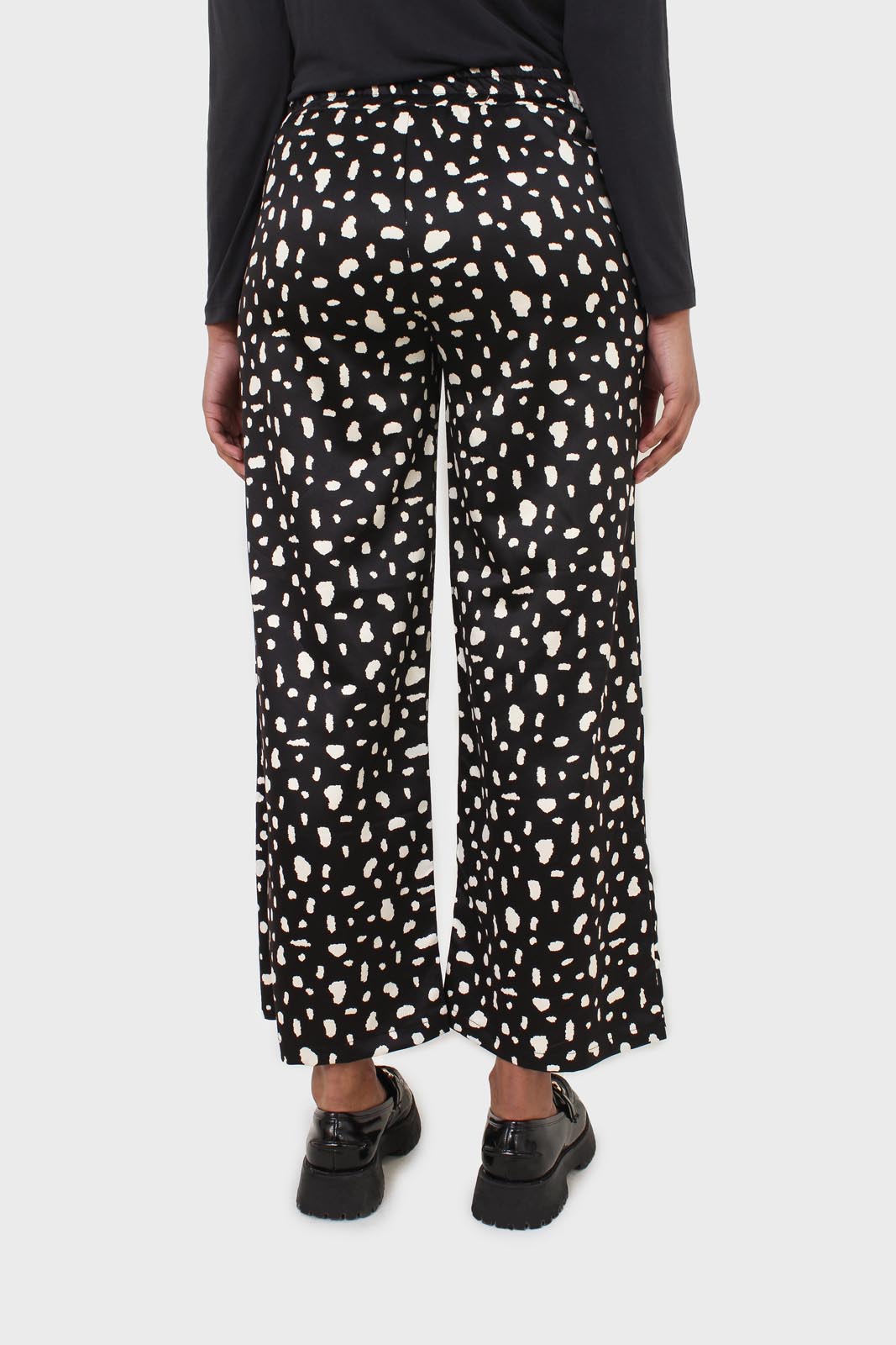 Black and white blotch print satin loose fit trousers