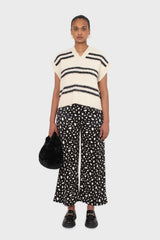 Black and white blotch print satin loose fit trousers