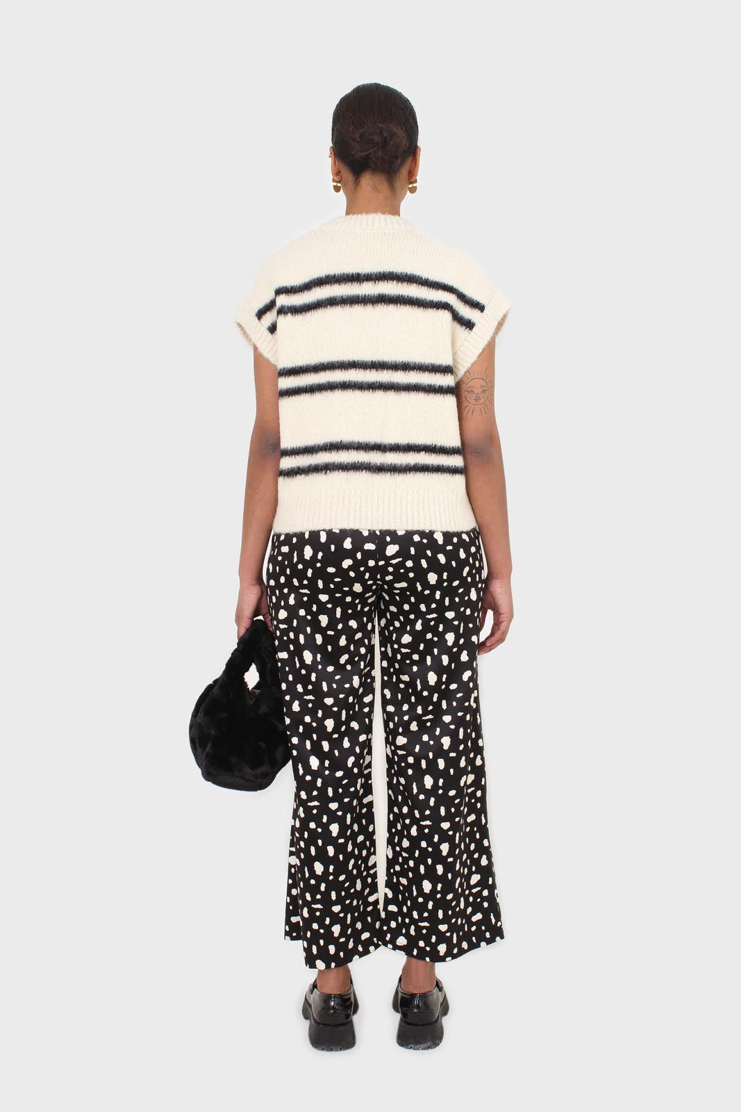 Black and white blotch print satin loose fit trousers