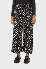 Black and white blotch print satin loose fit trousers