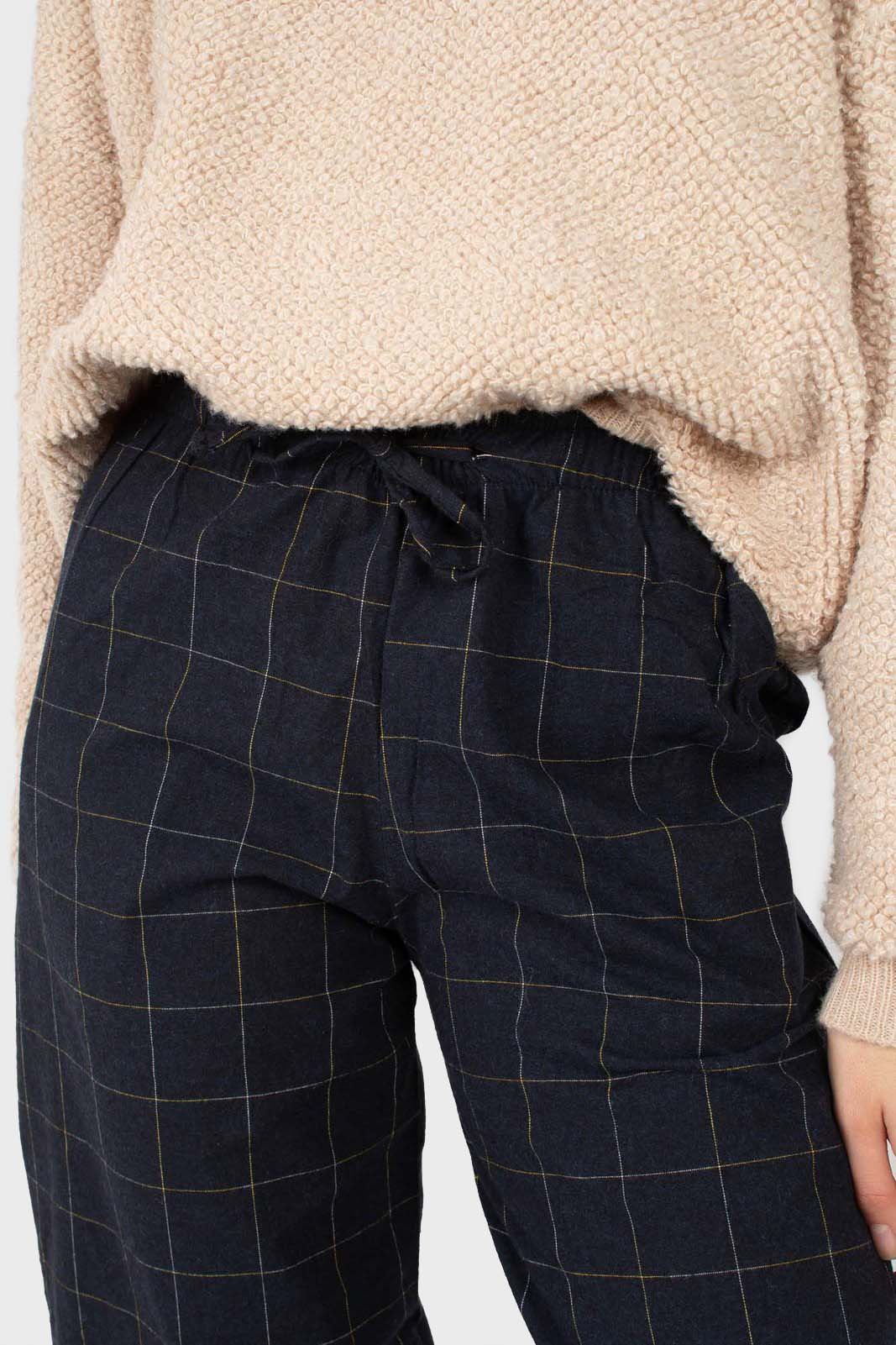 Navy and white box checked loose fit trousers