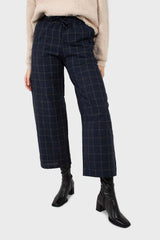Navy and white box checked loose fit trousers