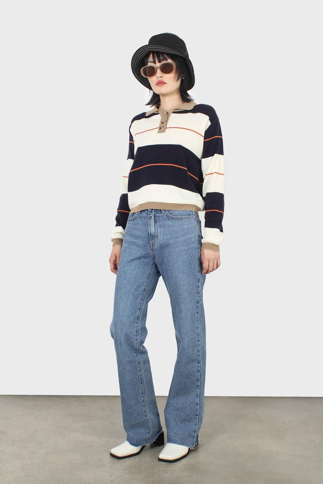 Navy and ivory thick multistriped polo knit top