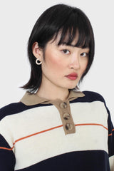 Navy and ivory thick multistriped polo knit top