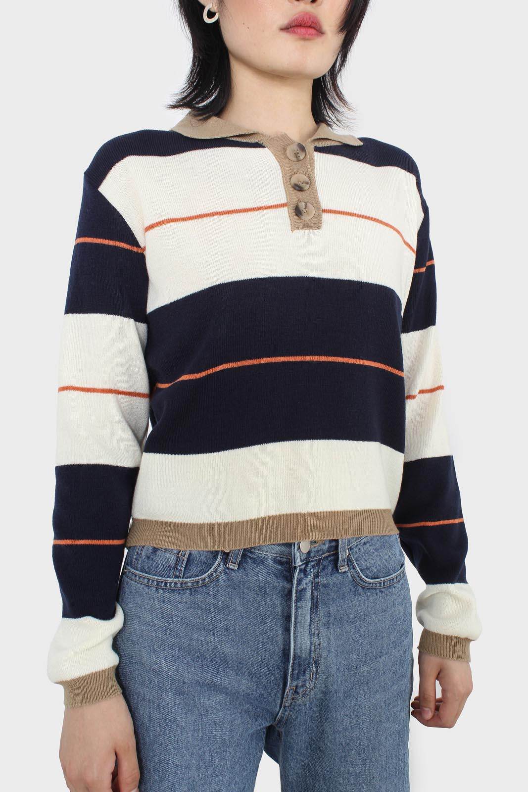 Navy and ivory thick multistriped polo knit top