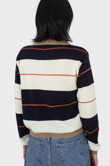 Navy and ivory thick multistriped polo knit top