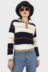 Navy and ivory thick multistriped polo knit top