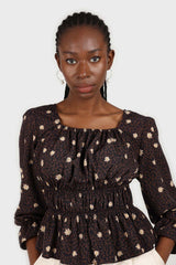 Navy and brown floral leopard smocked blouse