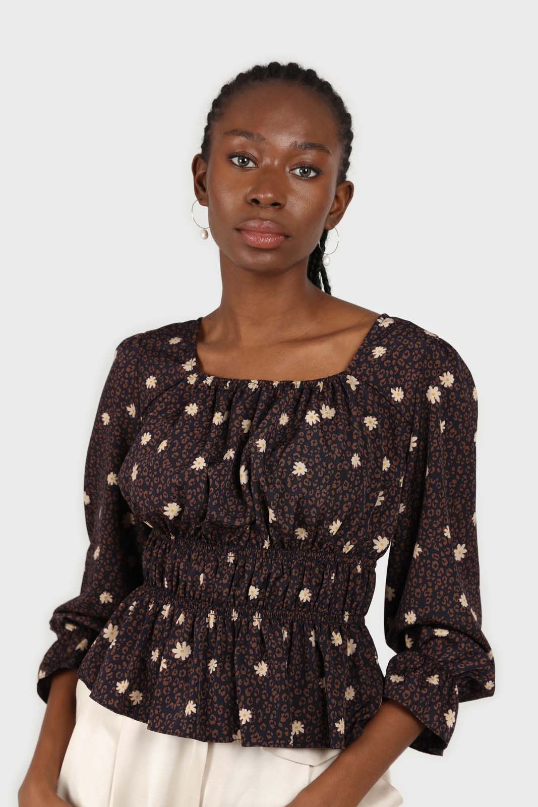 Navy and brown floral leopard smocked blouse