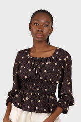 Navy and brown floral leopard smocked blouse