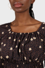 Navy and brown floral leopard smocked blouse