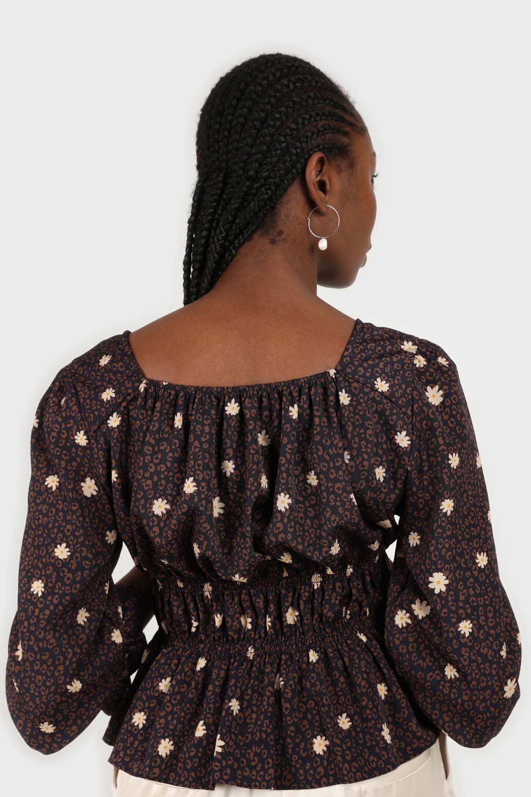 Navy and brown floral leopard smocked blouse