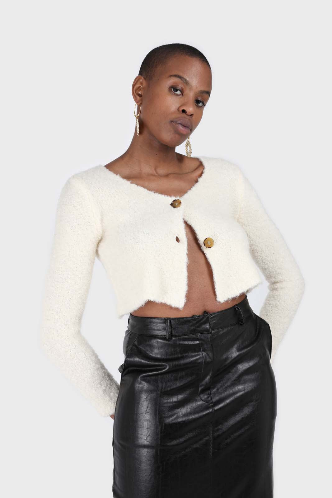 Ivory fuzzy double button cardigan