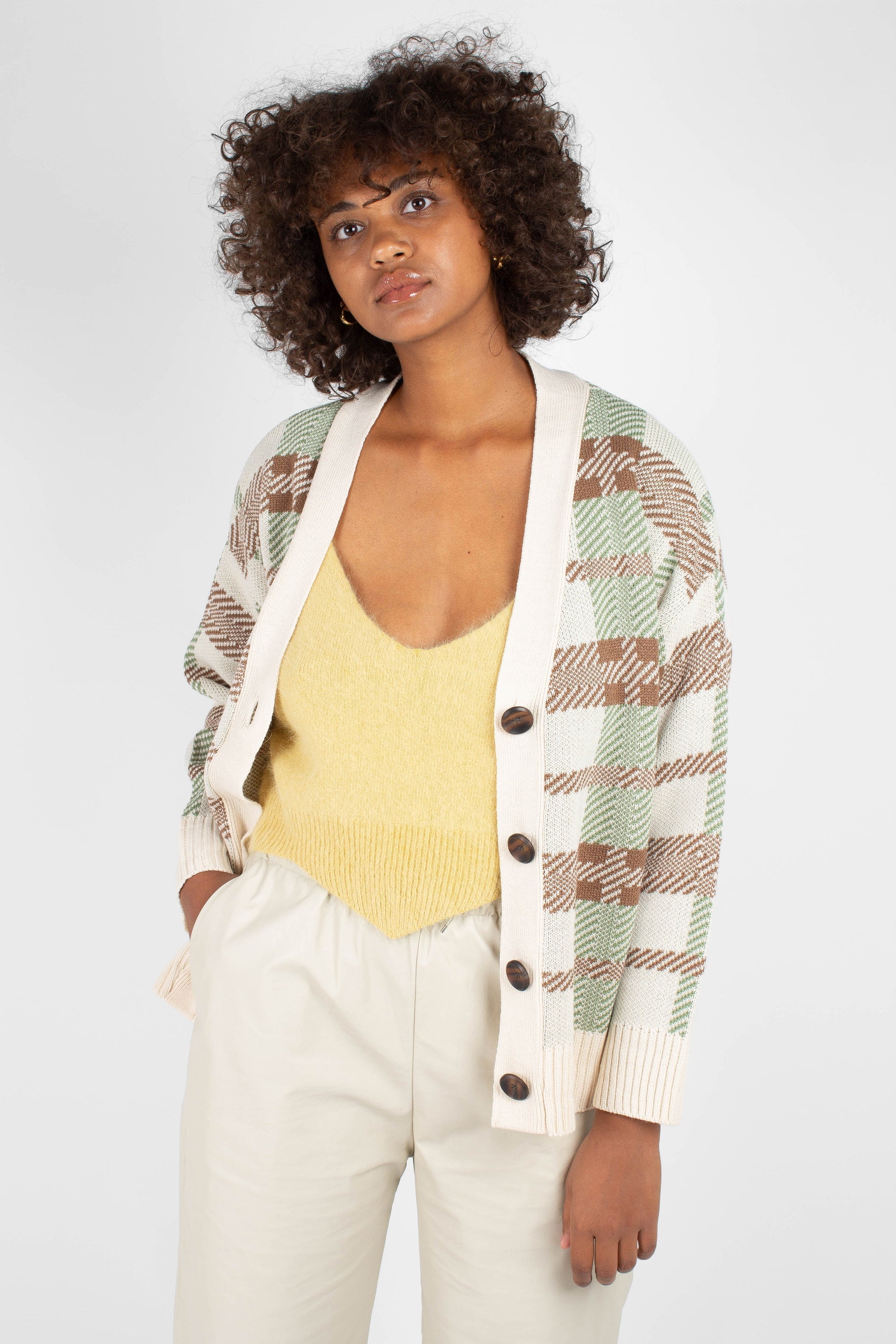 Beige and mint checked cardigan