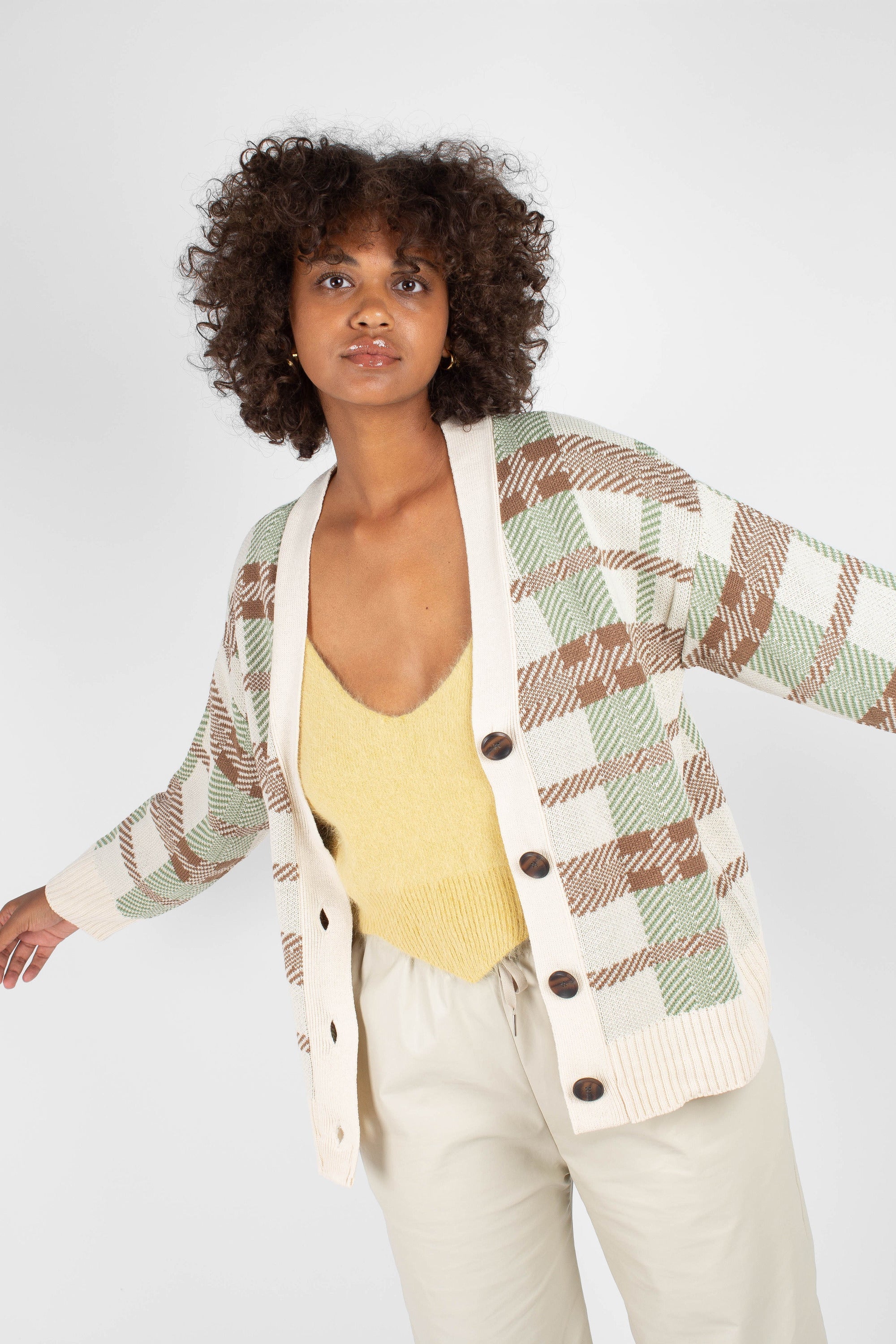 Beige and mint checked cardigan