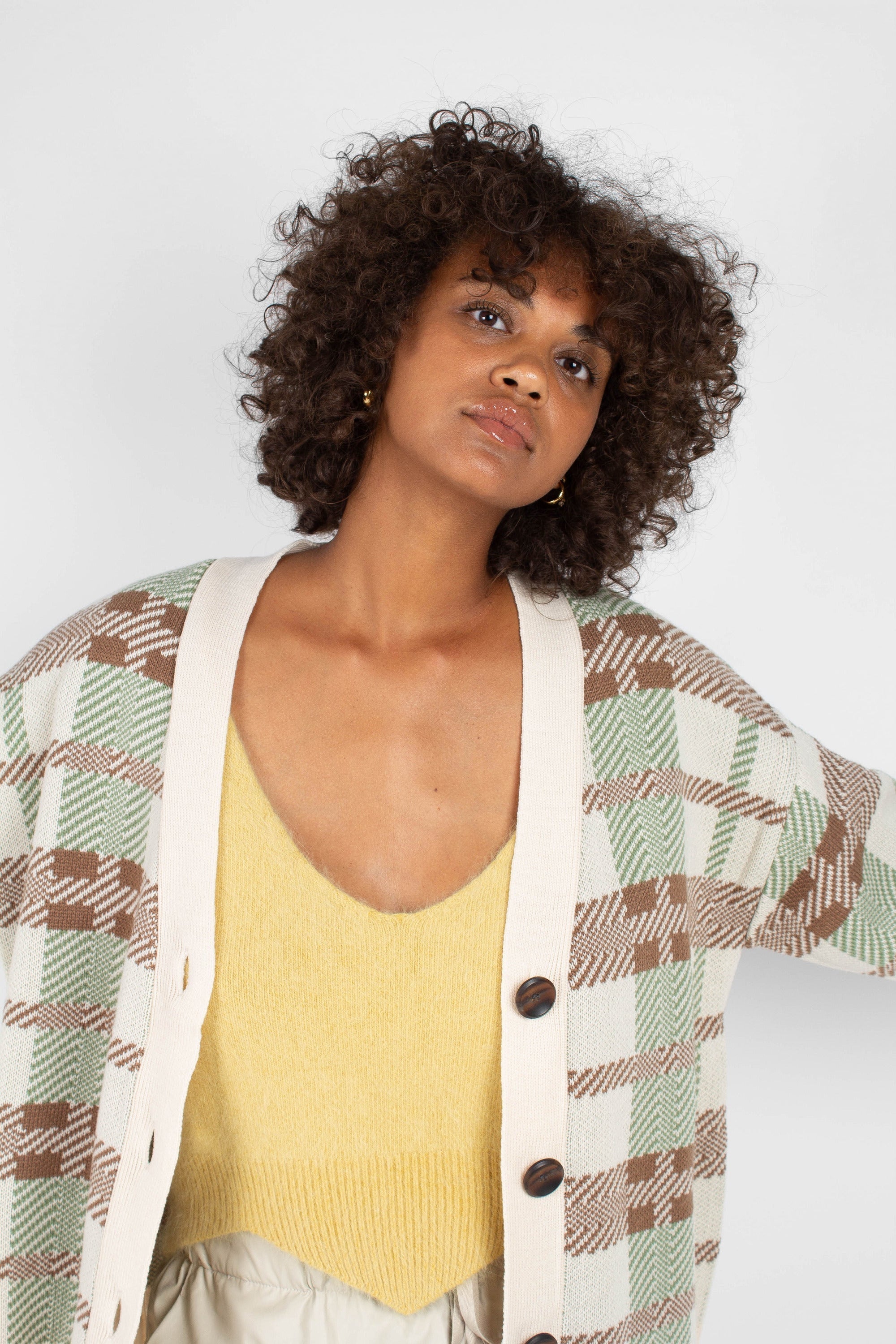 Beige and mint checked cardigan
