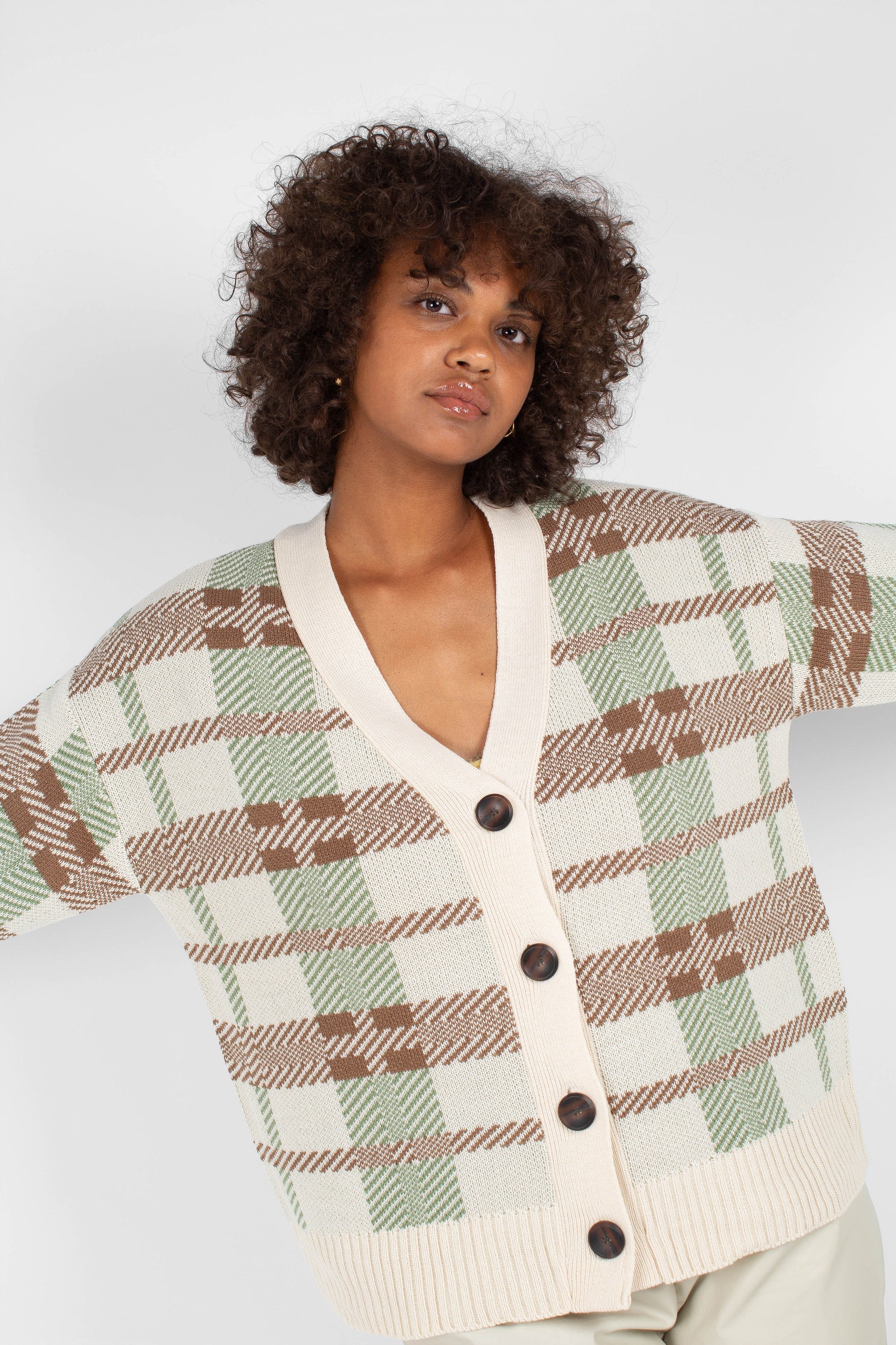 Beige and mint checked cardigan