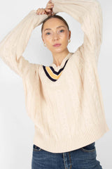 Cream and yellow V-neck cableknit jumper