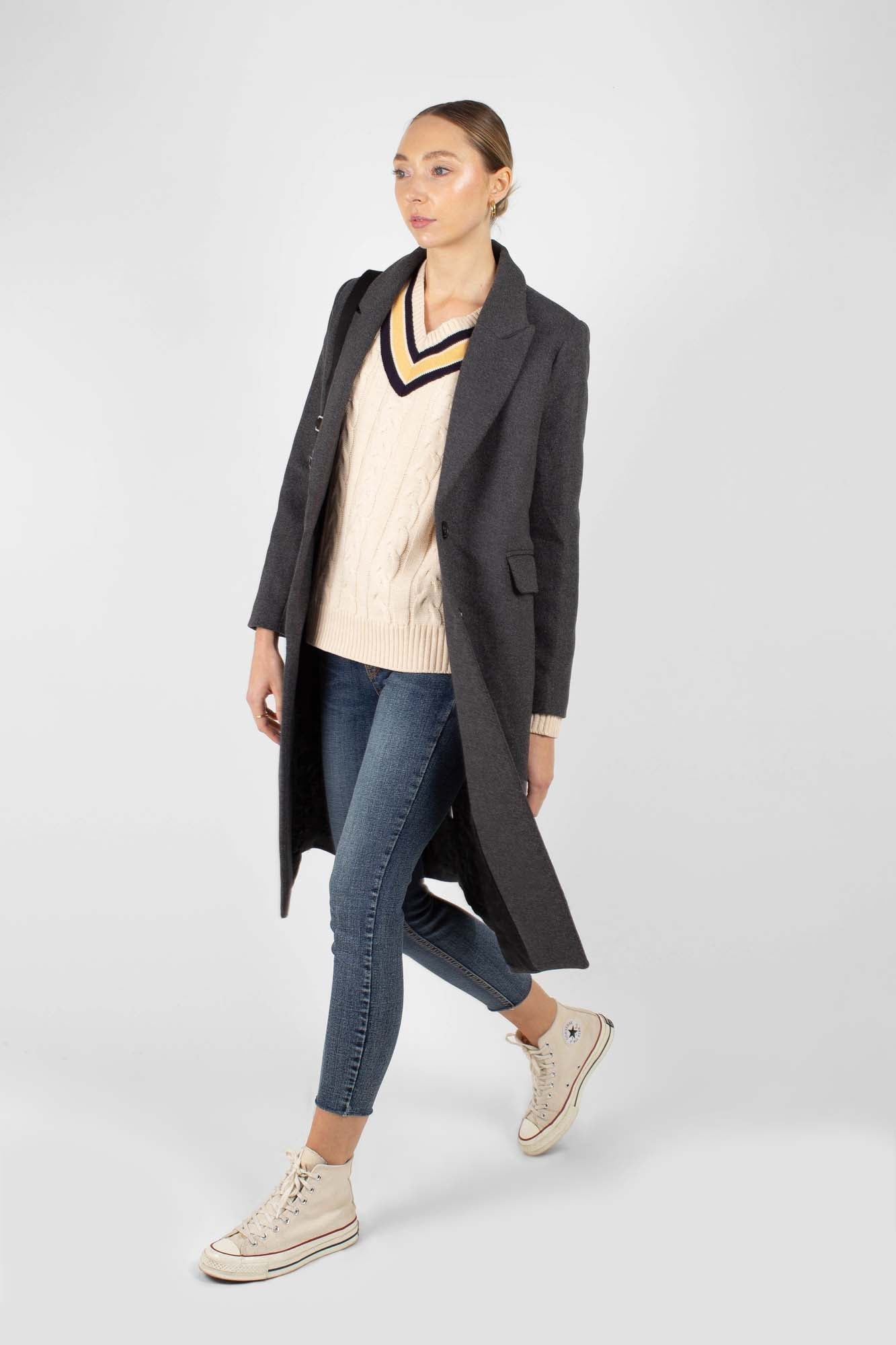 Cream and yellow V-neck cableknit jumper