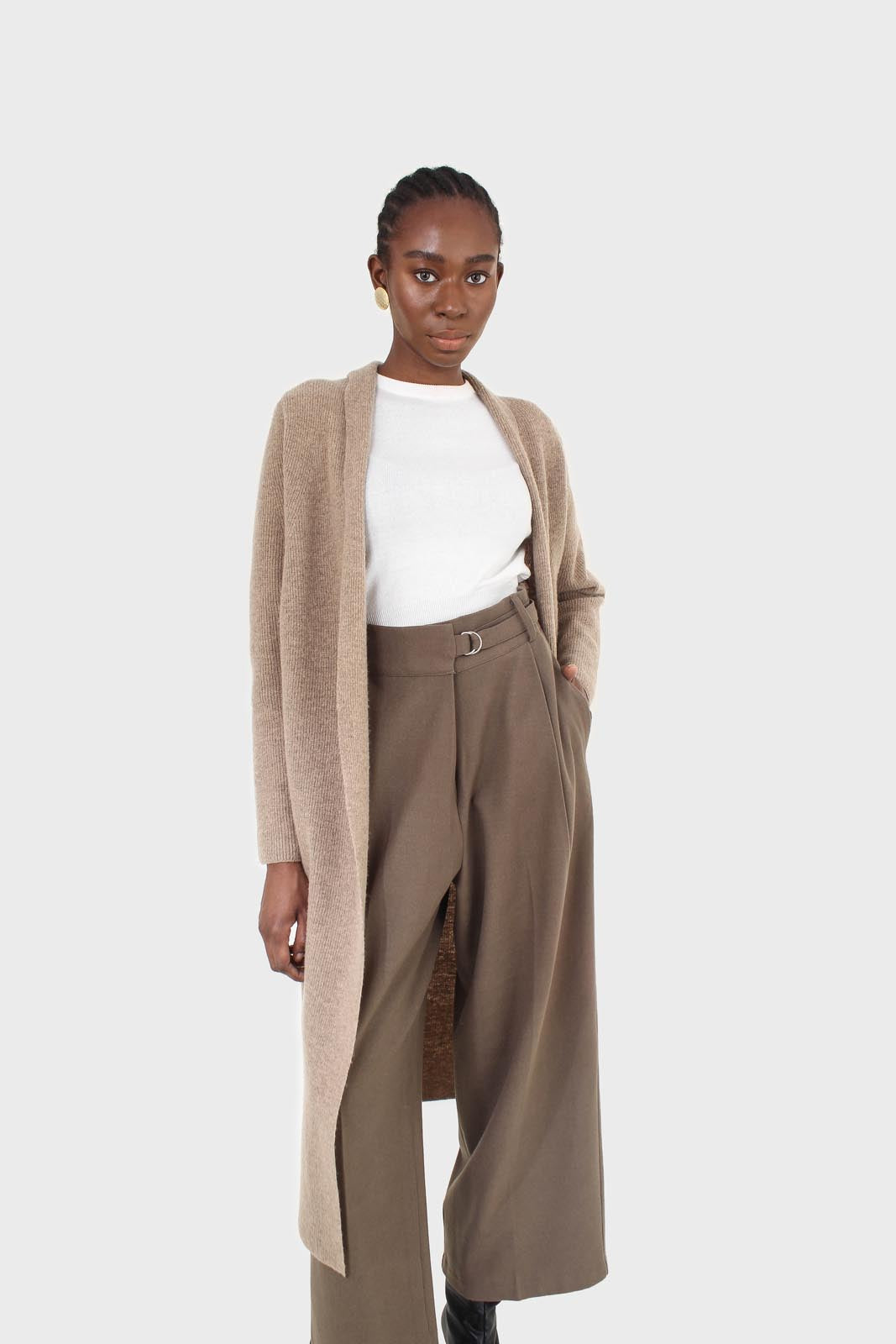 Beige cashmere-wool blend long cardigan