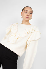 Ivory deep V ruffle trim jumper