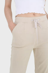Beige thick dart front loose fit drawstring trousers