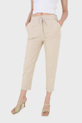 Beige thick dart front loose fit drawstring trousers