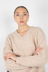 Ivory poodle textured V-neck jumper