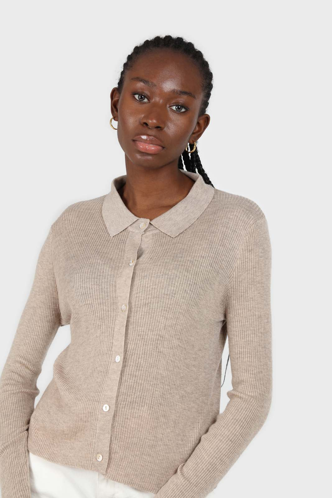 Beige button up collar knit top