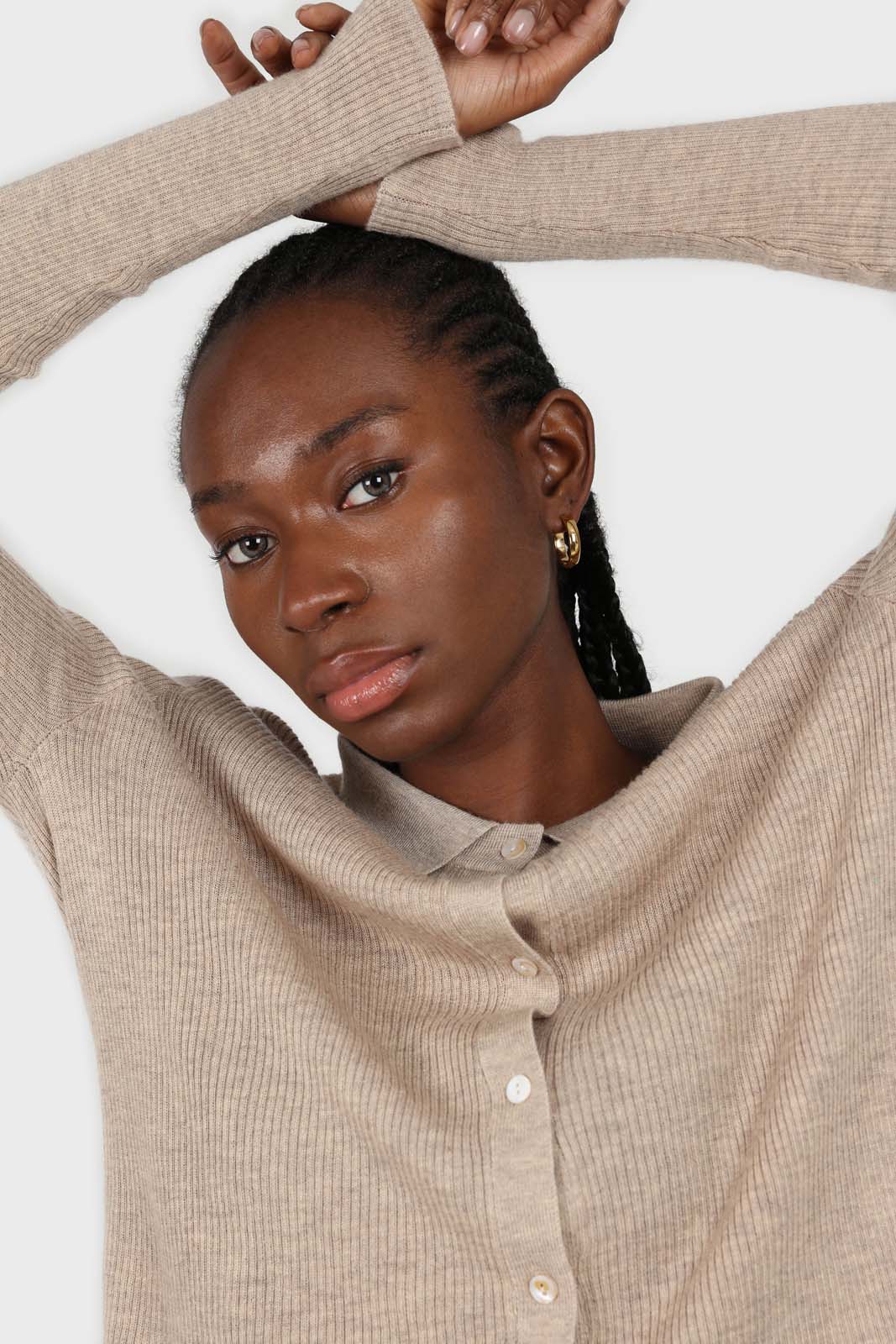 Beige button up collar knit top