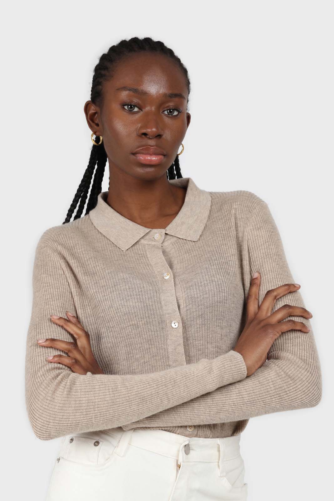 Beige button up collar knit top