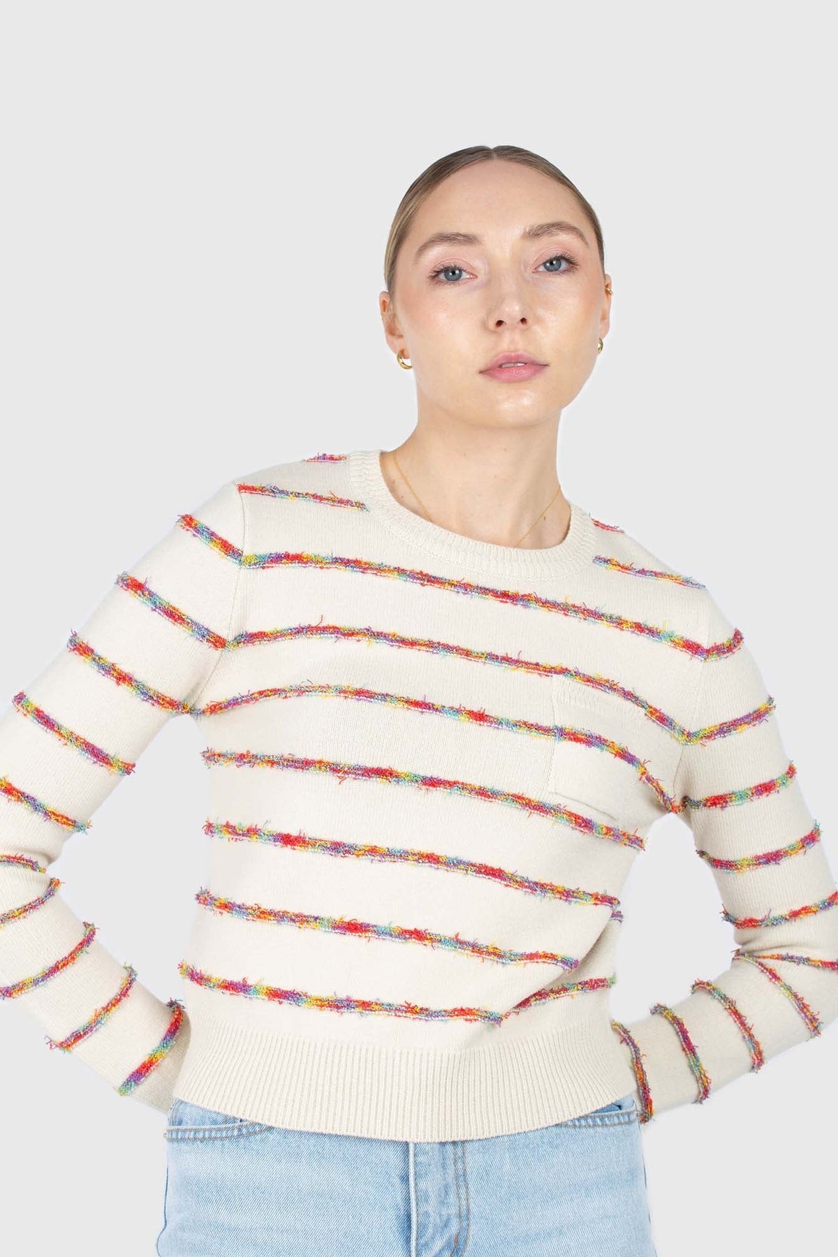 Ivory rainbow striped pocket knit top