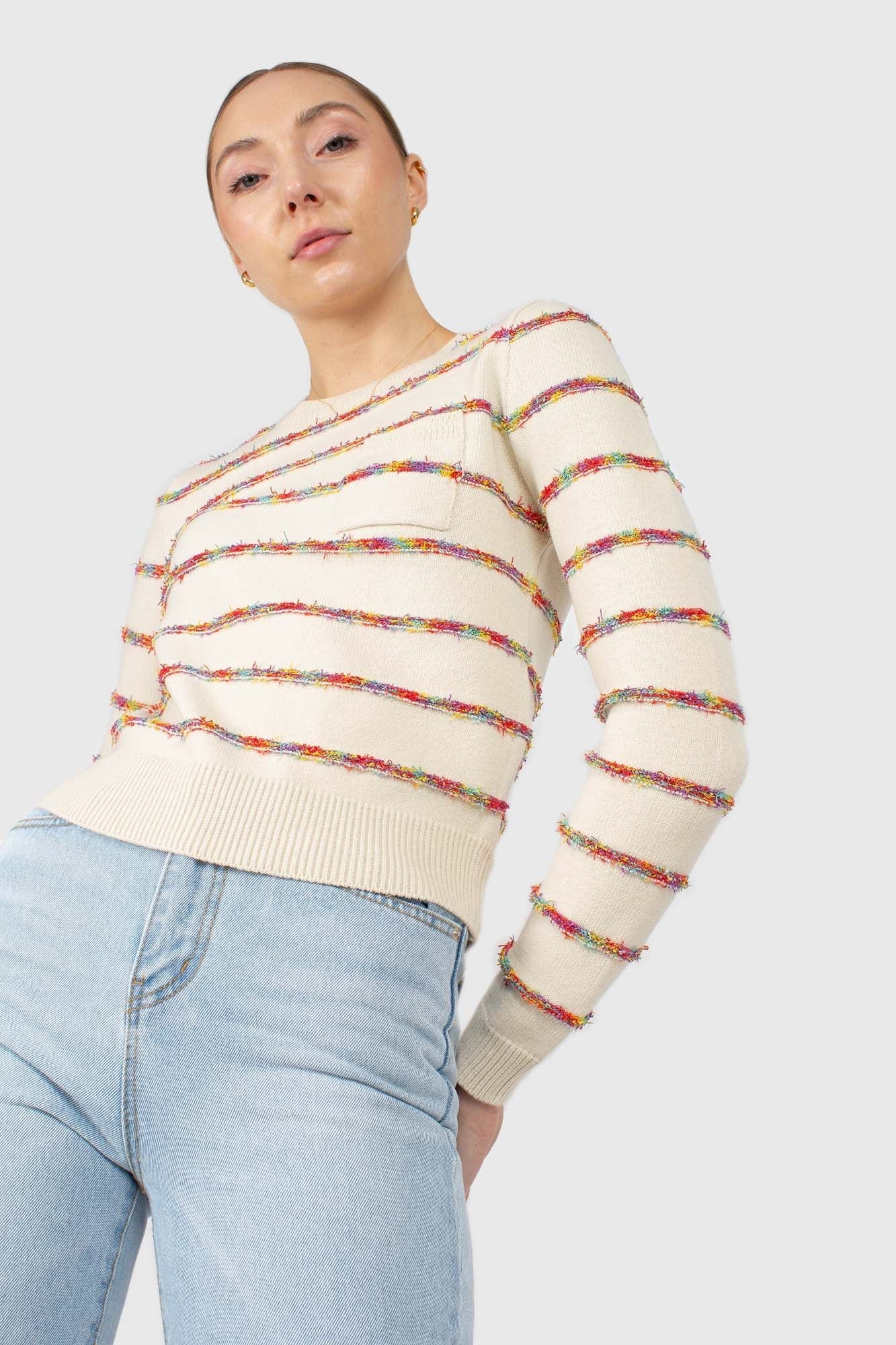 Ivory rainbow striped pocket knit top
