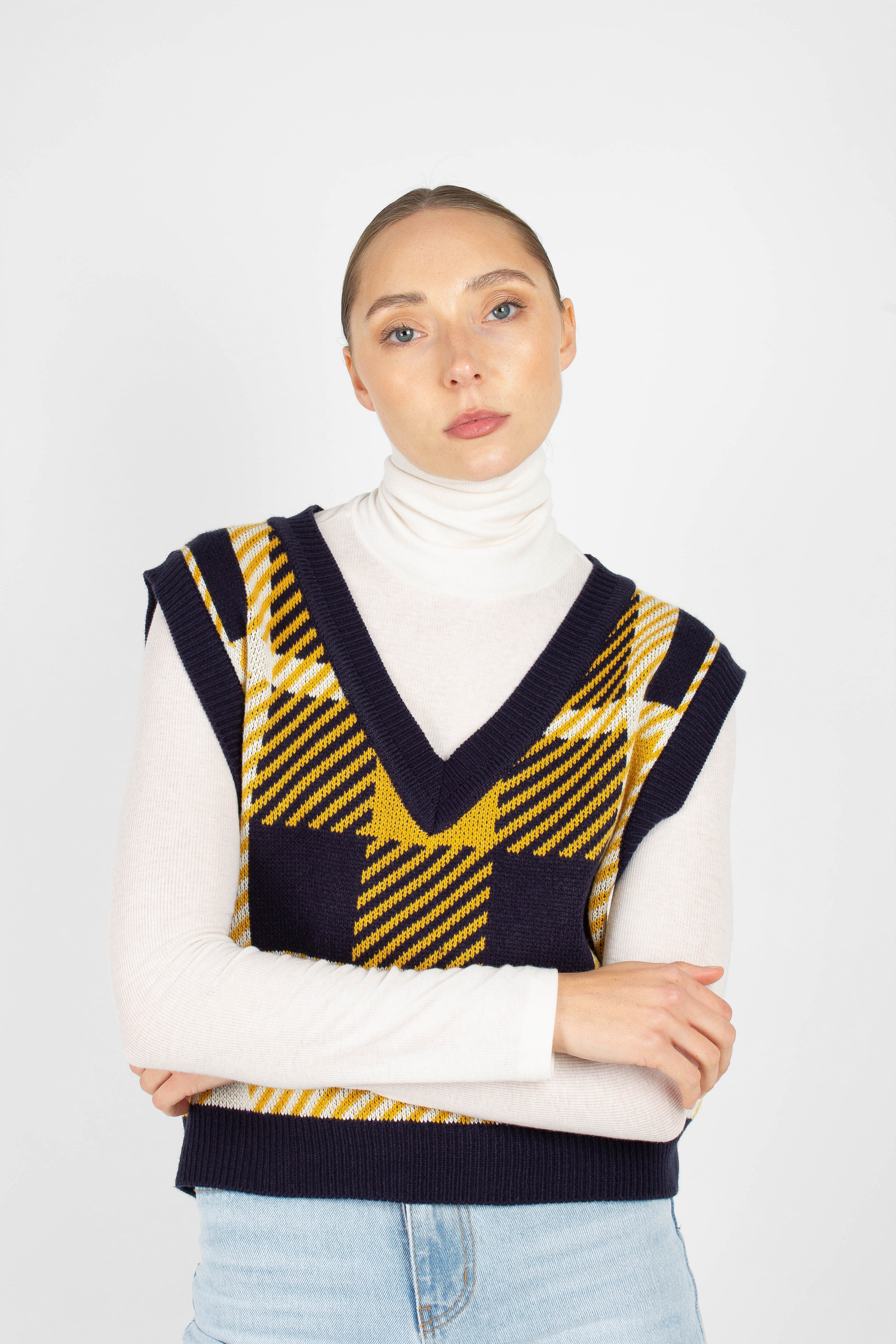 Navy and yellow plaid knit vest