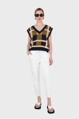 Navy and yellow plaid knit vest