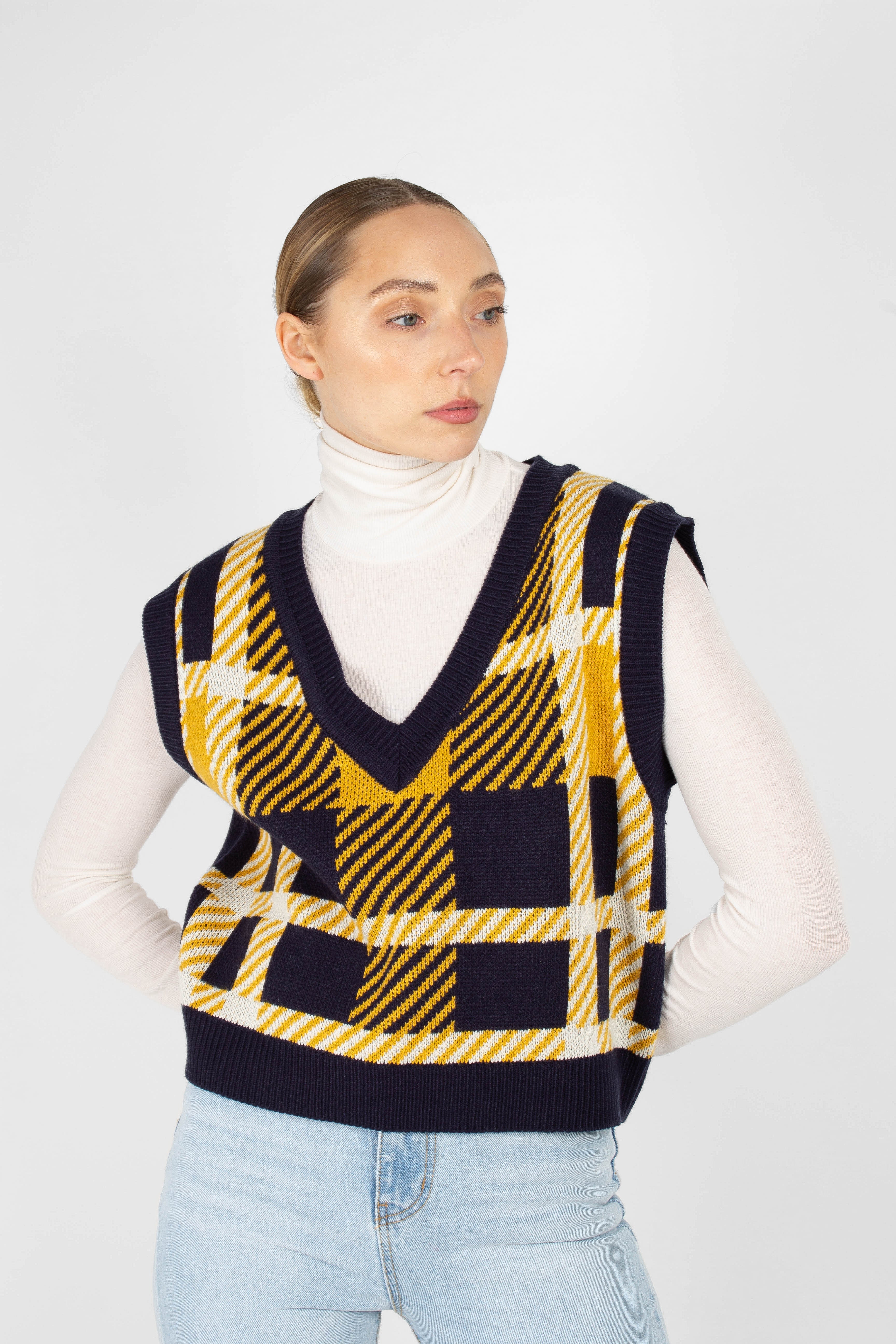 Navy and yellow plaid knit vest