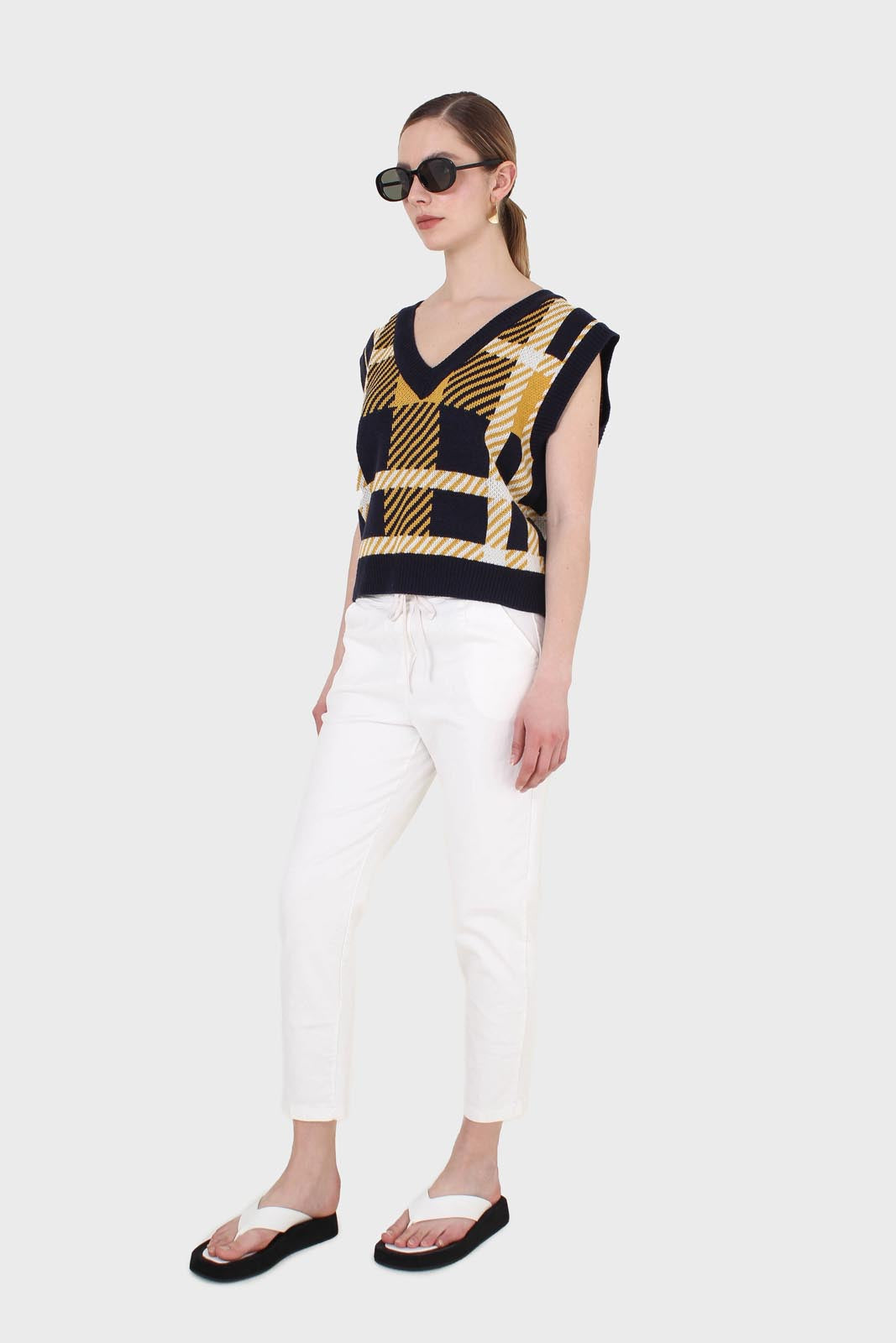Navy and yellow plaid knit vest