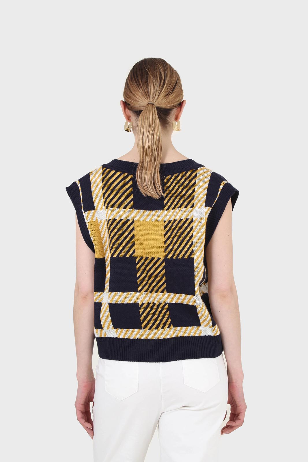 Navy and yellow plaid knit vest