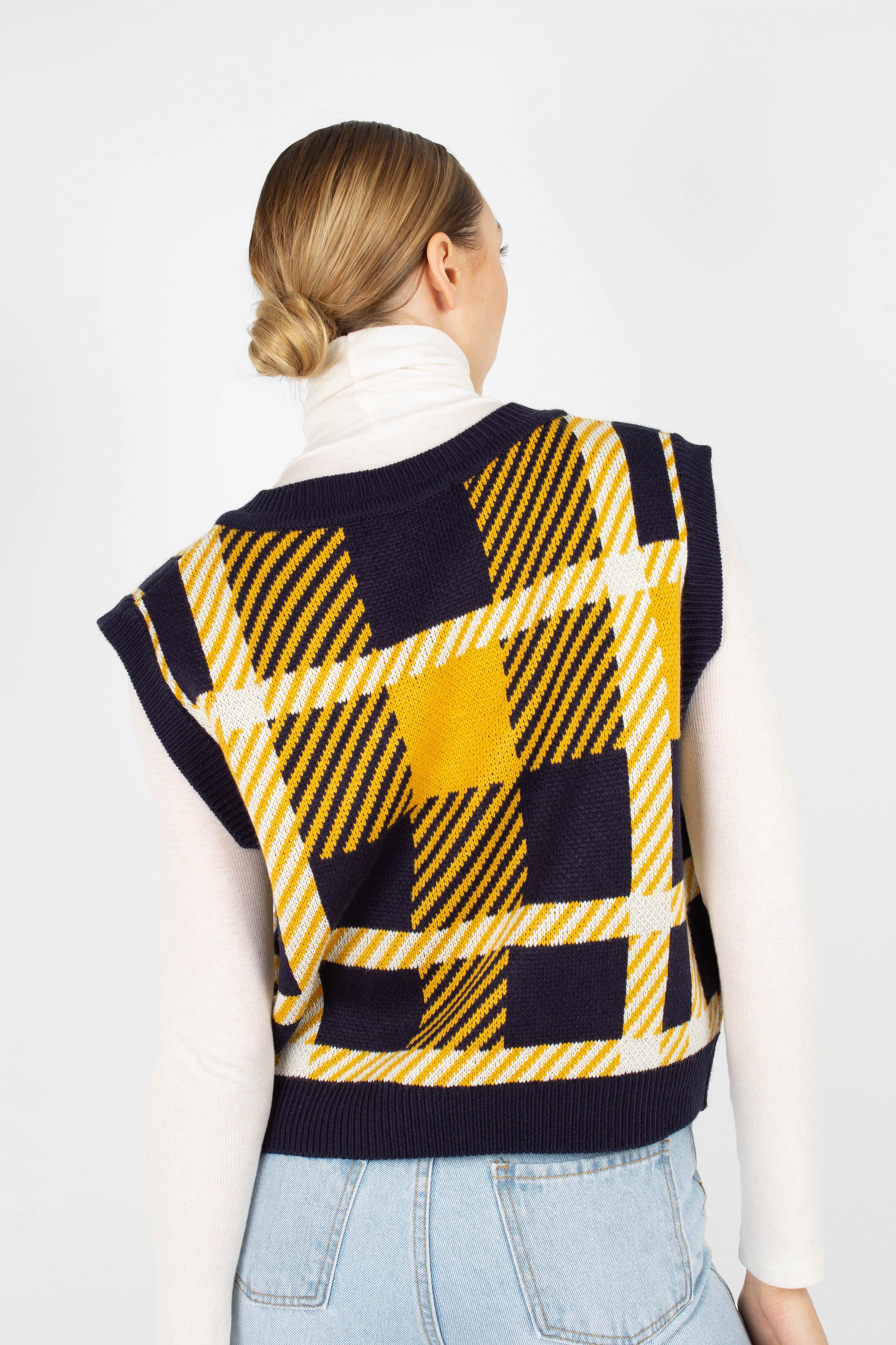 Navy and yellow plaid knit vest