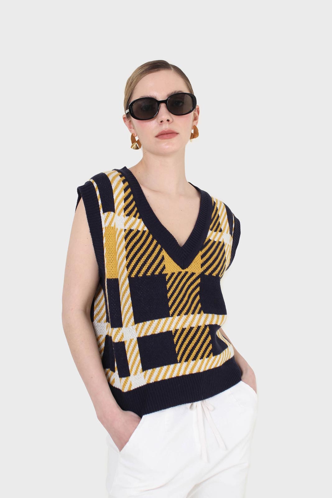 Navy and yellow plaid knit vest