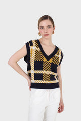 Navy and yellow plaid knit vest